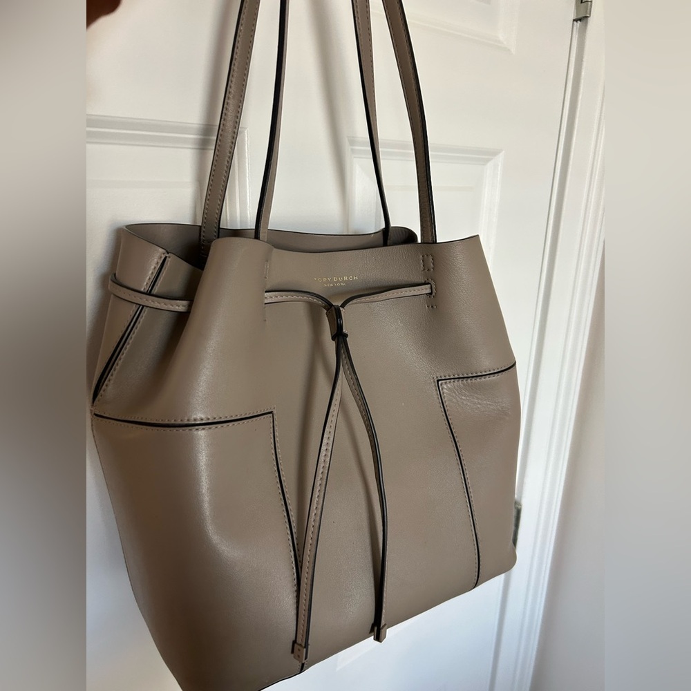 Tory Burch Taupe Leather Bucket Tote